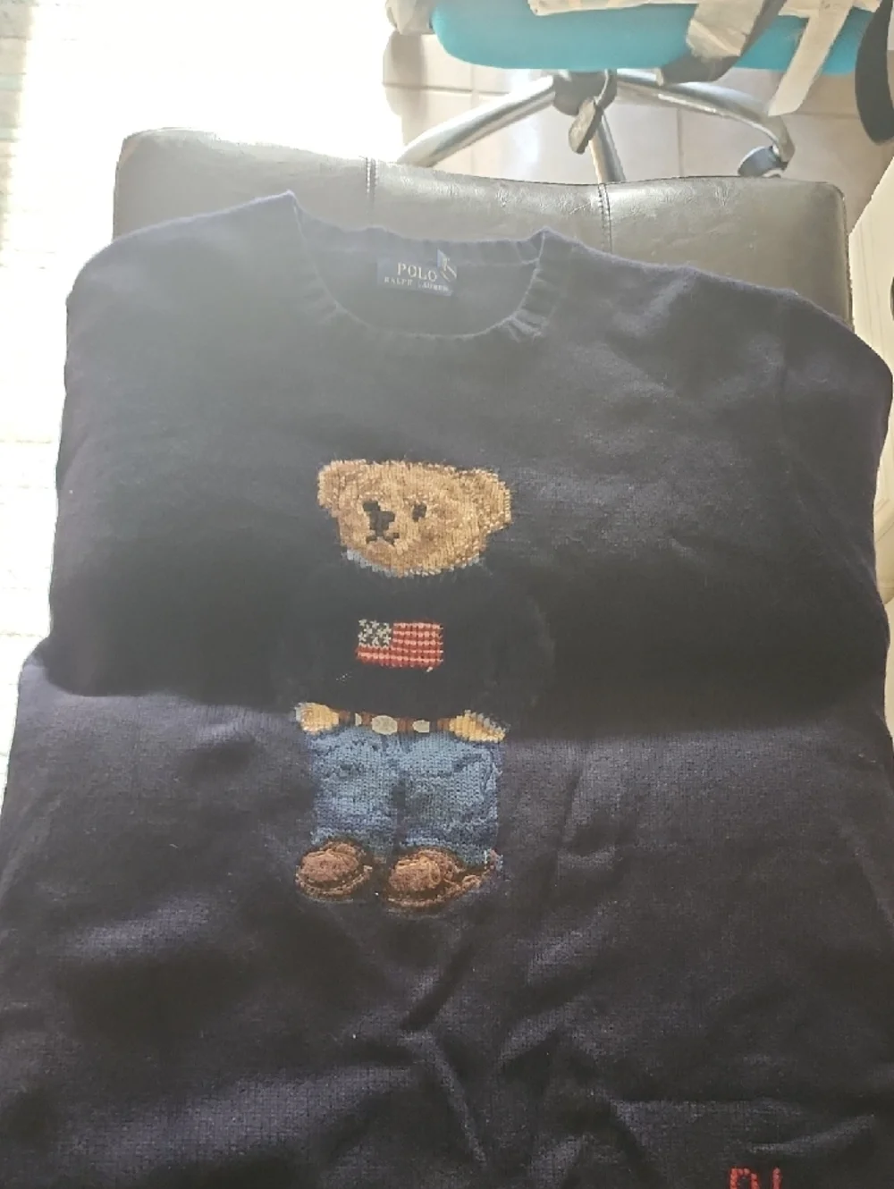 Polo by Ralph Lauren Navy Crewneck Sweater with Tan Bear Patch - Picture 3 of 4